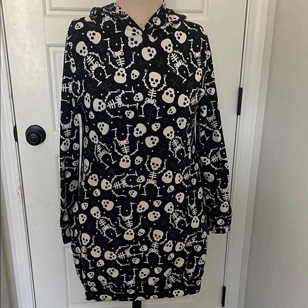 Frolicking Skeleton Print Hooded Mini Tunic Dress with side pockets 
 Medium
